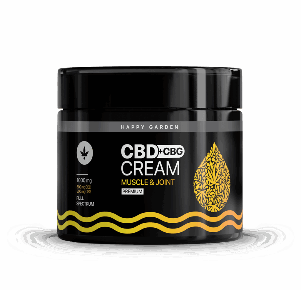 A fekete tégely CBD & CBG Krém gyulladásra, izom- és ízületi fájdalmakra - 1000mg | 115ml by Happy Garden feliratú, aranyszínű dizájnnal és hullámos sárga-narancssárga vonallal ellátott, teljes spektrumú CBD olajat tartalmaz a fokozott megkönnyebbülés érdekében.