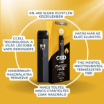 Egy fekete-sárga CBD Vape - Mango Haze ízű párologtató (550mg, 1ml) és annak csomagolása látható. Magyar szöveges jegyzetek 400 slukk, teljes spektrumú CBD olajat, THC-mentes, gyors hatás, napi használat, töltés nélkül és CCELL technológia.
